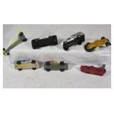 Mixed die cast cars including race cars, police vehicles, trucks, and dragsters. Various colors, styles, and themes with Hot Wheels and Matchbox type models.