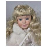 Fine Porcelain Treasures In Lace Doll Blonde Hair White Outfit Fur Coat Rose Collectible