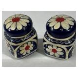 Hand Painted Ceramic Salt Pepper Shakers Blue Floral Daisy Pattern Set