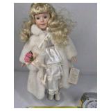Fine Porcelain Treasures In Lace Doll Blonde Hair White Outfit Fur Coat Rose Collectible