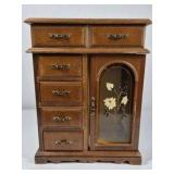 Wood Jewelry Armoire Cabinet Mirror Top Drawers Floral Glass Door Necklace Storage