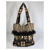 Vintage Style Fabric Shoulder Bag Camel Palm Tree Print Fringe Trim Purse