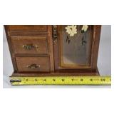 Wood Jewelry Armoire Cabinet Mirror Top Drawers Floral Glass Door Necklace Storage