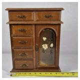 Wood Jewelry Armoire Cabinet Mirror Top Drawers Floral Glass Door Necklace Storage
