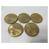 Five 2000P Sacagawea Dollar Coins