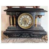 Antique ST American Mantel Clock Black Case Lion Handles 12in Tall