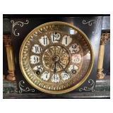 Antique ST American Mantel Clock Black Case Lion Handles 12in Tall