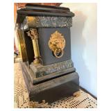 Antique ST American Mantel Clock Black Case Lion Handles 12in Tall