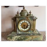 Antique Green Onyx Mantel Clock w Brass Columns 12in As Found