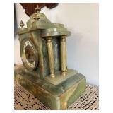 Antique Green Onyx Mantel Clock w Brass Columns 12in As Found