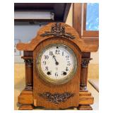 Antique Oak Gingerbread Mantel Clock w Pendulum & Gong 10in Tall