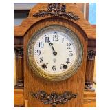 Antique Oak Gingerbread Mantel Clock w Pendulum & Gong 10in Tall