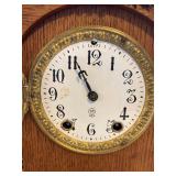 Antique Oak Gingerbread Mantel Clock w Pendulum & Gong 10in Tall
