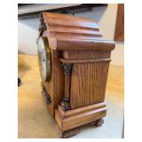 Antique Oak Gingerbread Mantel Clock w Pendulum & Gong 10in Tall