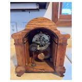 Antique Oak Gingerbread Mantel Clock w Pendulum & Gong 10in Tall