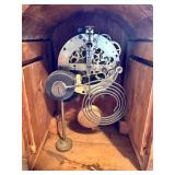Antique Oak Gingerbread Mantel Clock w Pendulum & Gong 10in Tall