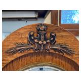 Antique Oak Gingerbread Mantel Clock w Pendulum & Gong 10in Tall