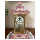 Antique Porcelain & Brass Mantel Clock Pink Floral Glass Sides