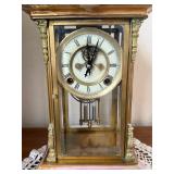 Antique Porcelain & Brass Mantel Clock Pink Floral Glass Sides