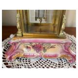 Antique Porcelain & Brass Mantel Clock Pink Floral Glass Sides