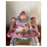 Antique Porcelain & Brass Mantel Clock Pink Floral Glass Sides