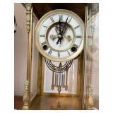 Antique Porcelain & Brass Mantel Clock Pink Floral Glass Sides