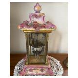 Antique Porcelain & Brass Mantel Clock Pink Floral Glass Sides