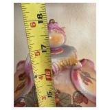 Antique Porcelain & Brass Mantel Clock Pink Floral Glass Sides