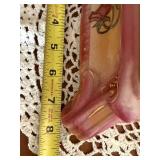 Antique Porcelain & Brass Mantel Clock Pink Floral Glass Sides