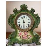 Antique Ansonia WACO Green Porcelain Mantel Clock Floral Case