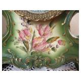 Antique Ansonia WACO Green Porcelain Mantel Clock Floral Case