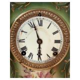 Antique Ansonia WACO Green Porcelain Mantel Clock Floral Case