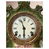 Antique Ansonia WACO Green Porcelain Mantel Clock Floral Case