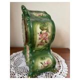 Antique Ansonia WACO Green Porcelain Mantel Clock Floral Case