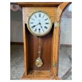 Waterbury Halifax 8 Day Oak Wall Clock Antique w Key Pendulum