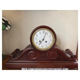 Antique German Tambour Mantel Clock Wood Case w Pendulum