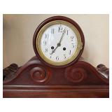 Antique German Tambour Mantel Clock Wood Case w Pendulum