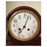 Antique German Tambour Mantel Clock Wood Case w Pendulum