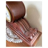Antique German Tambour Mantel Clock Wood Case w Pendulum