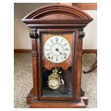 Antique Wooden Mantel Clock Roman Dial Pendulum 21in Untested