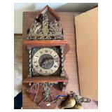 Vintage Dutch Style Wall Clock w Brass Weights Chains Wood Case