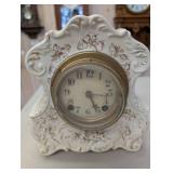 Porcelain Mantel Clock With Floral Crackle Glaze - Brass Bezel - 2-Wind Movement