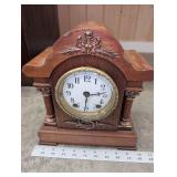 Antique Carved Wooden Mantel Clock - Brass Bezel & Glass Dial