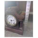 Antique Carved Wooden Mantel Clock - Brass Bezel & Glass Dial