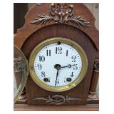 Antique Carved Wooden Mantel Clock - Brass Bezel & Glass Dial