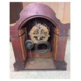 Antique Carved Wooden Mantel Clock - Brass Bezel & Glass Dial
