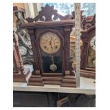 Antique Carved Oak Mantel Clock with Brass Dial and Pendulum