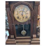 Antique Carved Oak Mantel Clock with Brass Dial and Pendulum