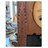 Antique Carved Oak Mantel Clock with Brass Dial and Pendulum