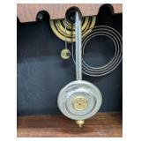 Antique Carved Oak Mantel Clock with Brass Dial and Pendulum